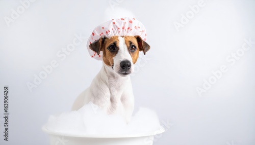Funny friendly dog jack russell terrier takes a bath with foam in a shower cap on a white background. Copy space. Cute happy pet enjoys bubble bath time. clean canine in shower cap on plain