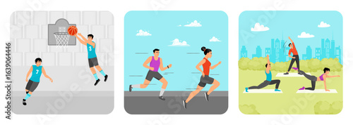 Basketball Players Jumping. People Running Outdoors. Exercise Session by Practicing Yoga.