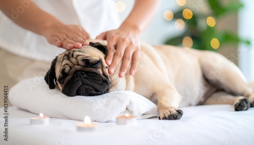woman body massage and face massage spa to a dog pug breed feeling so comfortable and relaxation dog sleep and rest with owner Selective Focus Spa dog Concept. Pampered pet canine getting