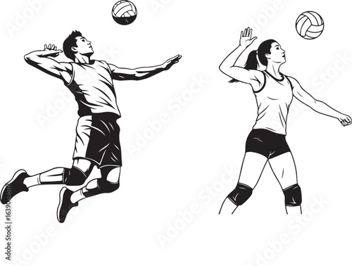 Dynamic volleyball players illustration: Man spiking and woman setting the ball in black and white design