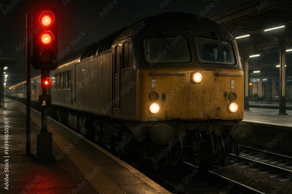 Fototapeta premium A Lone Train Arrives at the Station