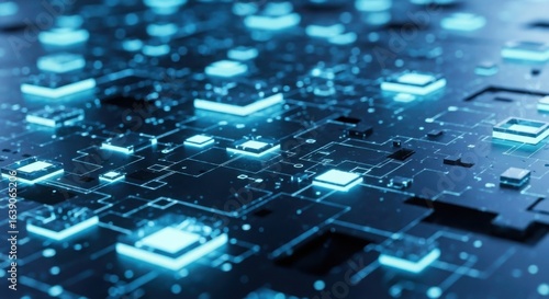 Abstract digital circuit board with glowing blue components representing advanced technology and data flow
