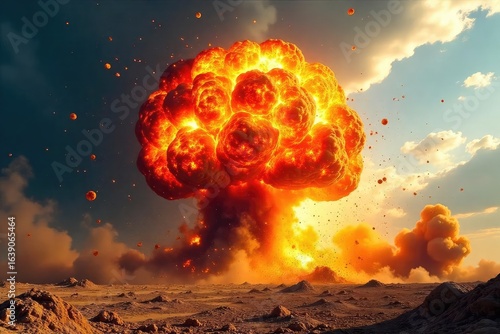 A powerful bomb explosion creates a massive shockwave and fireball, sending debris and smoke billowing into the air The destructive force is clearly visible in this dramatic image , damage, ruin