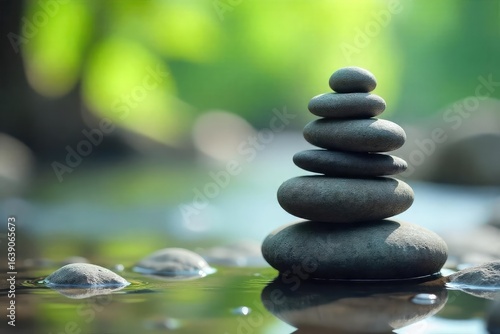 A serene scene of a perfectly balanced stack of stones, symbolizing equilibrium and inner peace Perfect for meditation, mindfulness, or wellness concepts , stability, spirituality