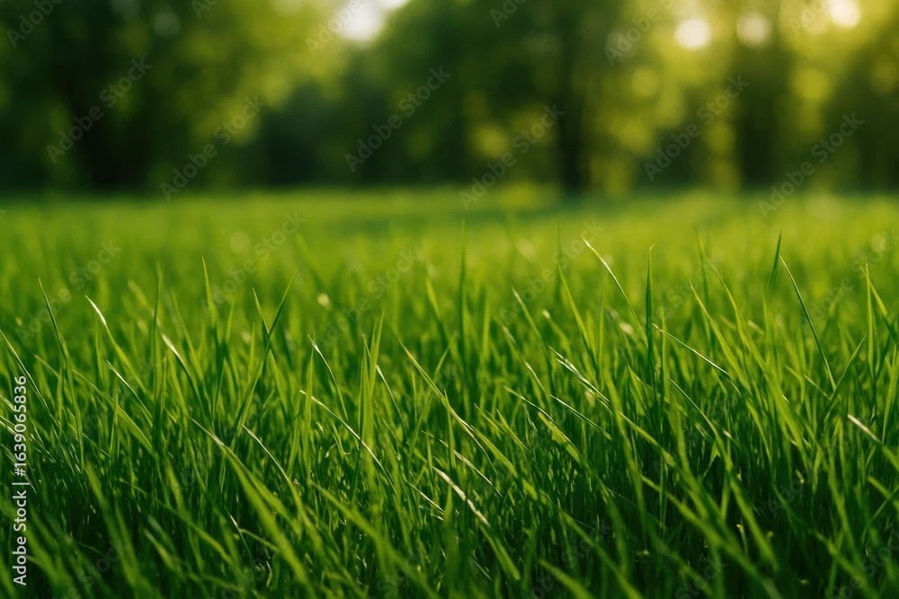 A Close-Up of Lush Green Grass in a Blurred Forest Backdrop A Close-Up of Lush Green Grass in a Blurred Forest Backdrop