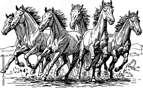 Dynamic Line Art Of Galloping Horses In Black And White Illustrative Style