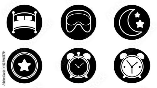 Set of six black and white icons related to sleep and time