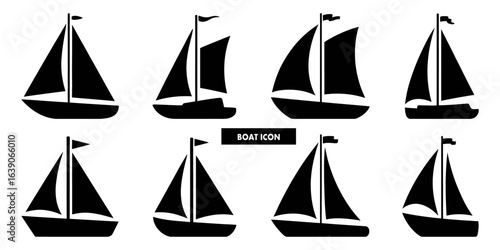 Sailboat silhouettes in black showing various designs and angles for graphic and design use