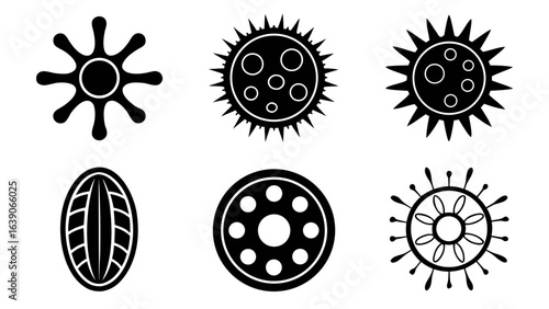 Microscopic Marvels: A stark, minimalist illustration of six distinct microbe, showcasing their intricate designs, each a testament to the unseen world.