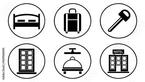 Hotel Icon Set: a collection of elegant icons representing different elements of the hospitality industry, perfectly tailored for projects, capturing the essence of comfort and convenience.