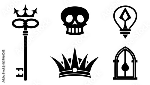 Mysterious Symbols: A striking array of symbolic representations in silhouette, including an ornate key, skull, light bulb, crown, and gothic window, inviting contemplation on hidden meanings.