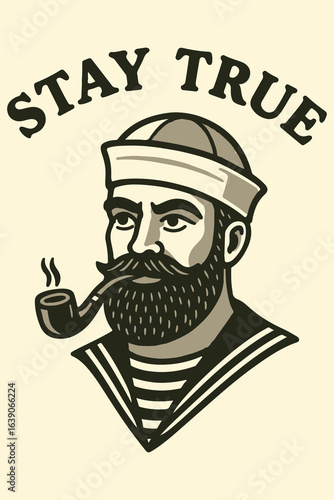 "Stay True" – sailor portrait with beard texture, pipe smoke forming an anchor shape, black outlines, gray shading on face and hat, white highlight accents, old-school tattoo style