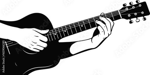 Monochrome Guitarist Hands on Instrument Playing Music on White Background