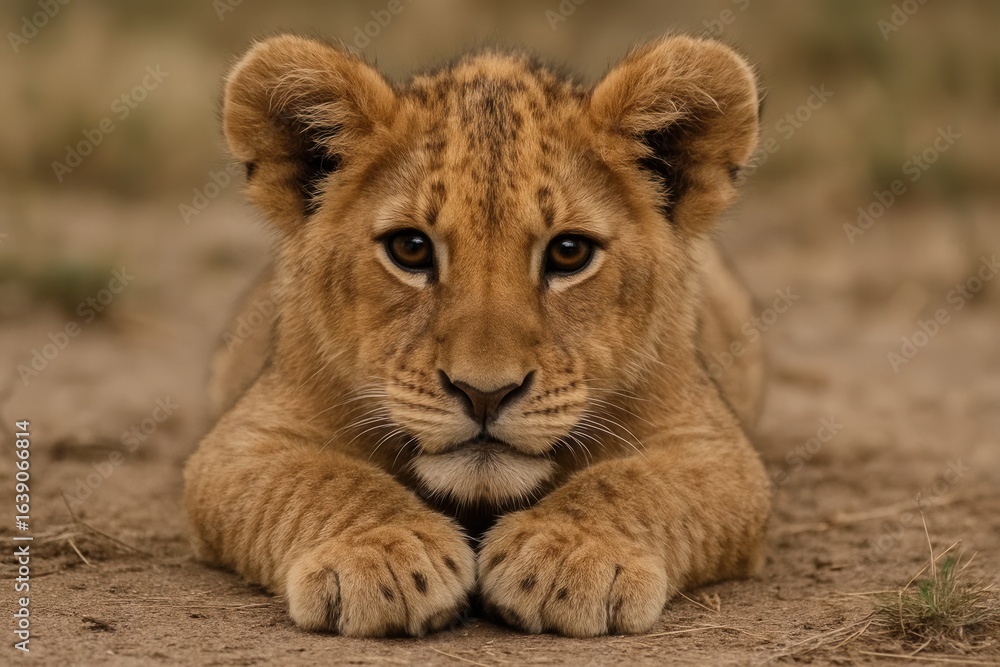 Obraz premium A young lion cub lies in quiet contemplation on a dusty savanna, its eyes reflecting the gentle light of the day