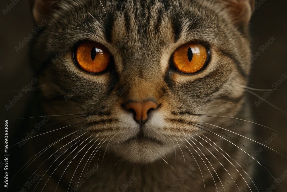 A close-up of a tabby cat's striking orange eyes gazing into the darkness A close-up of a tabby cat's striking orange eyes gazing into the darkness