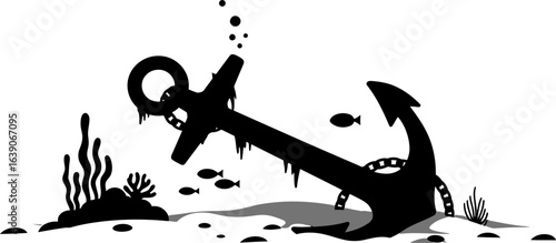 Silhouette Of An Underwater Anchor With Fish And Seaweed On White Background