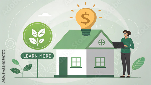 Green energy and ecofriendly house savings concept with woman using laptop for research and learning more about sustainable living solutions