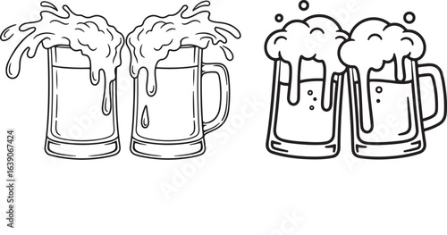 Two pairs of overflowing beer glasses, hand-drawn vector line art illustration.