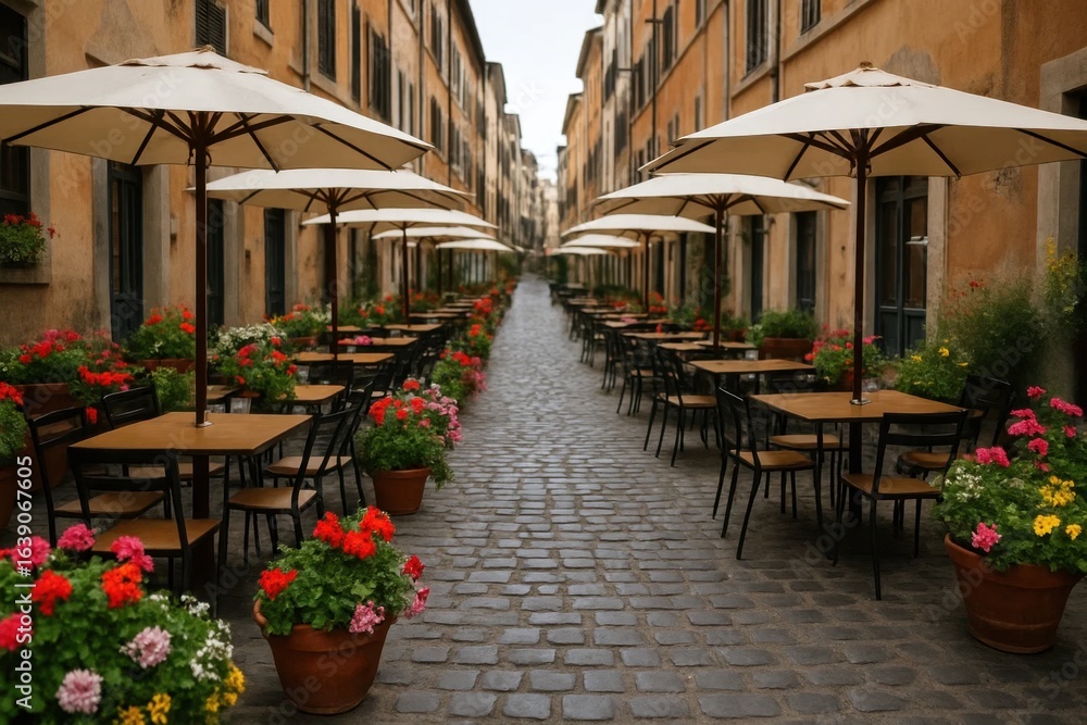 Fototapeta premium A tranquil alleyway in a European town, where cafes invite passersby to sit and enjoy the serene ambiance