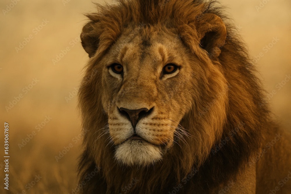 Obraz premium A majestic lion stands tall in the golden hues of the savannah, its gaze piercing and commanding
