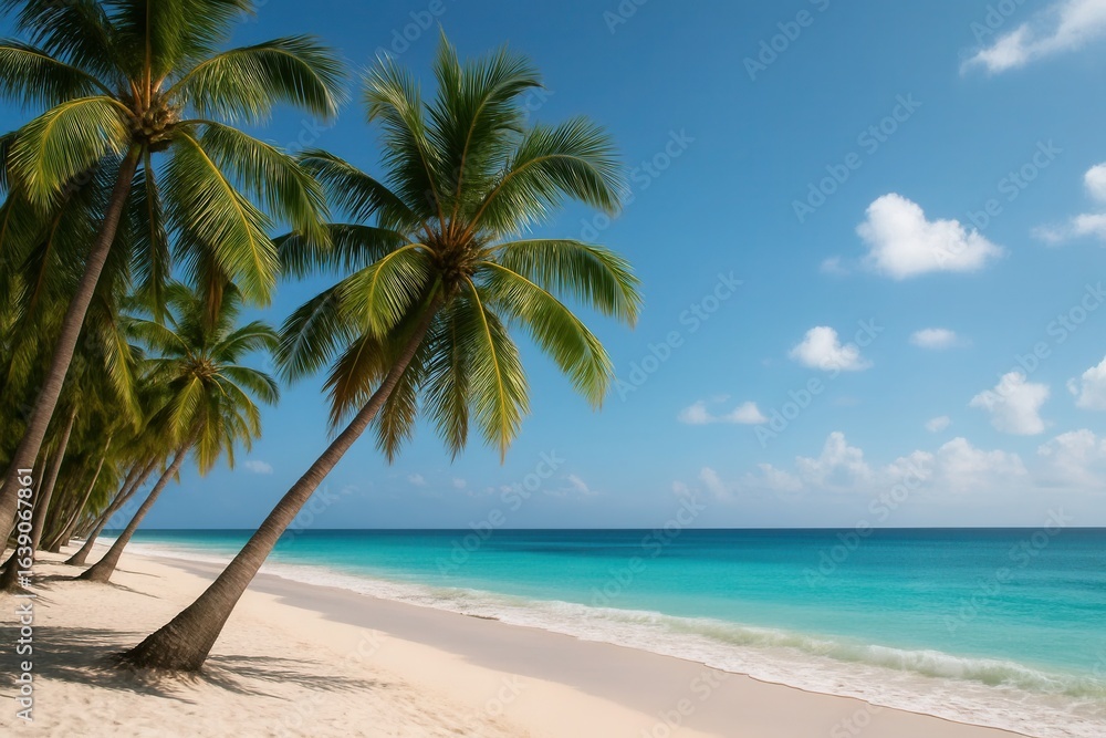 Obraz premium A Serene Beach with Lush Palm Trees Under a Clear Blue Sky