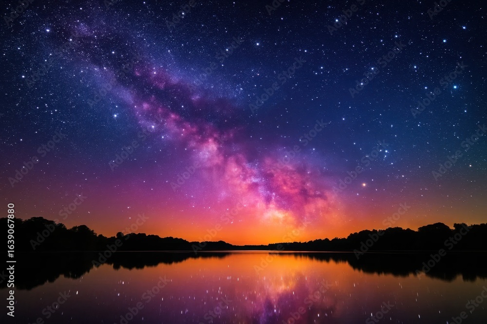 Fototapeta premium Milky Way's Dance Across the Starry Sky Over a Tranquil Lake