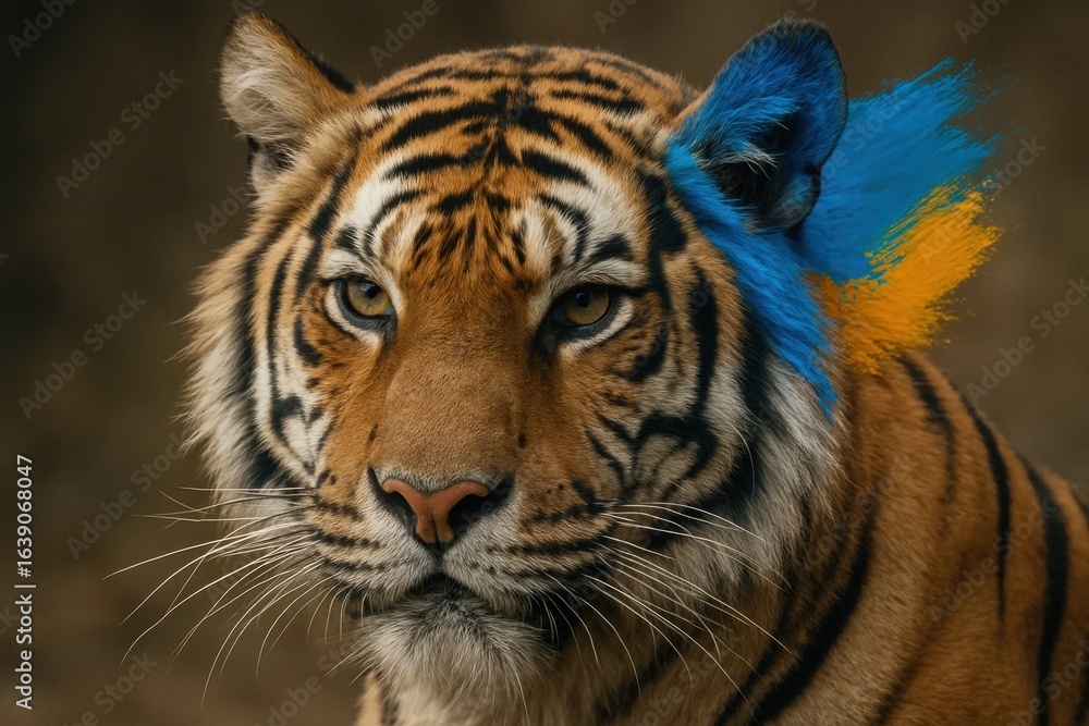 Fototapeta premium A tiger's gaze is piercing, yet serene, as it stands against a backdrop of earthy browns and subtle hints of blue