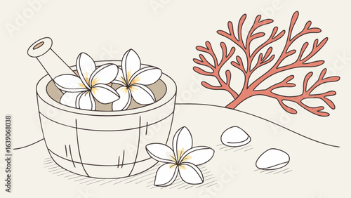 Wellness spa plumeria flower aromatherapy coral natural skincare beauty treatment relaxation zen still life 100