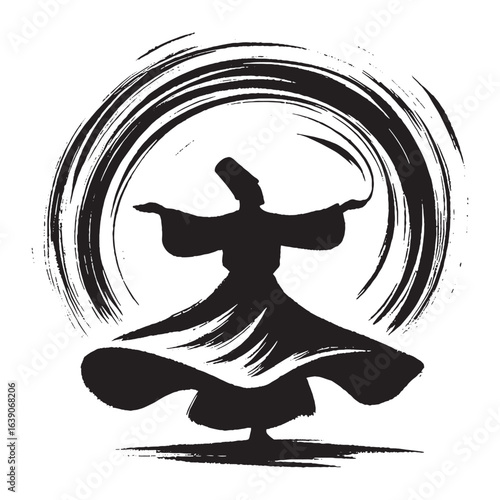 Whirling dervish silhouette brush stroke black on white vector illustration