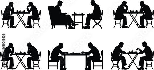 Chess player silhouettes, seated figures, strategic game, contemplative posture, intense focus, table setup, competitive match, mental challenge, black shadows