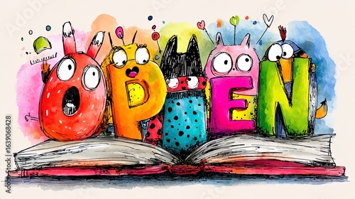 acolorful naive illustration of open books, bold funny look, there are kids around. very colorful, text in bold fonts, highly saturated colors