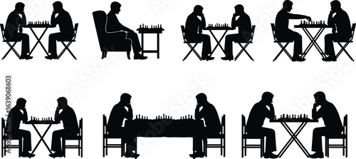 Chess silhouettes, seated players, strategic thinking, game focus, board interaction, varied poses, contemplative scene, mental challenge, indoor activity, shadow art