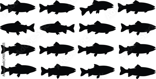 Fish silhouette illustration, black aquatic vector, marine animal clipart, identical fish pattern, dorsal fin design, underwater graphic element