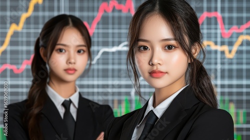 Confident Asian Businesswomen in Black Suits Against Financial Charts