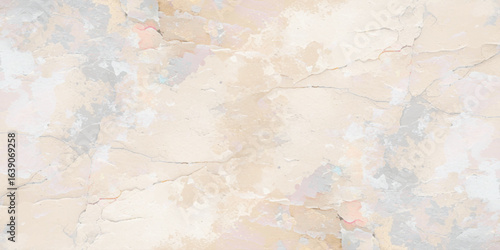 Abstract textured wall with a weathered appearance. The surface is covered with peeling and cracked paint, revealing multiple layers of gray, white, and beige tones underneath.