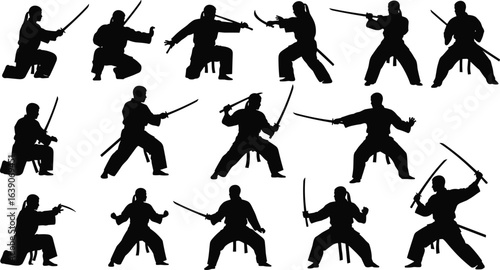 Martial arts sword silhouette, combat poses, sword fighting stance, warrior figure, black clipart, vector illustration, defense, attack, training, discipline