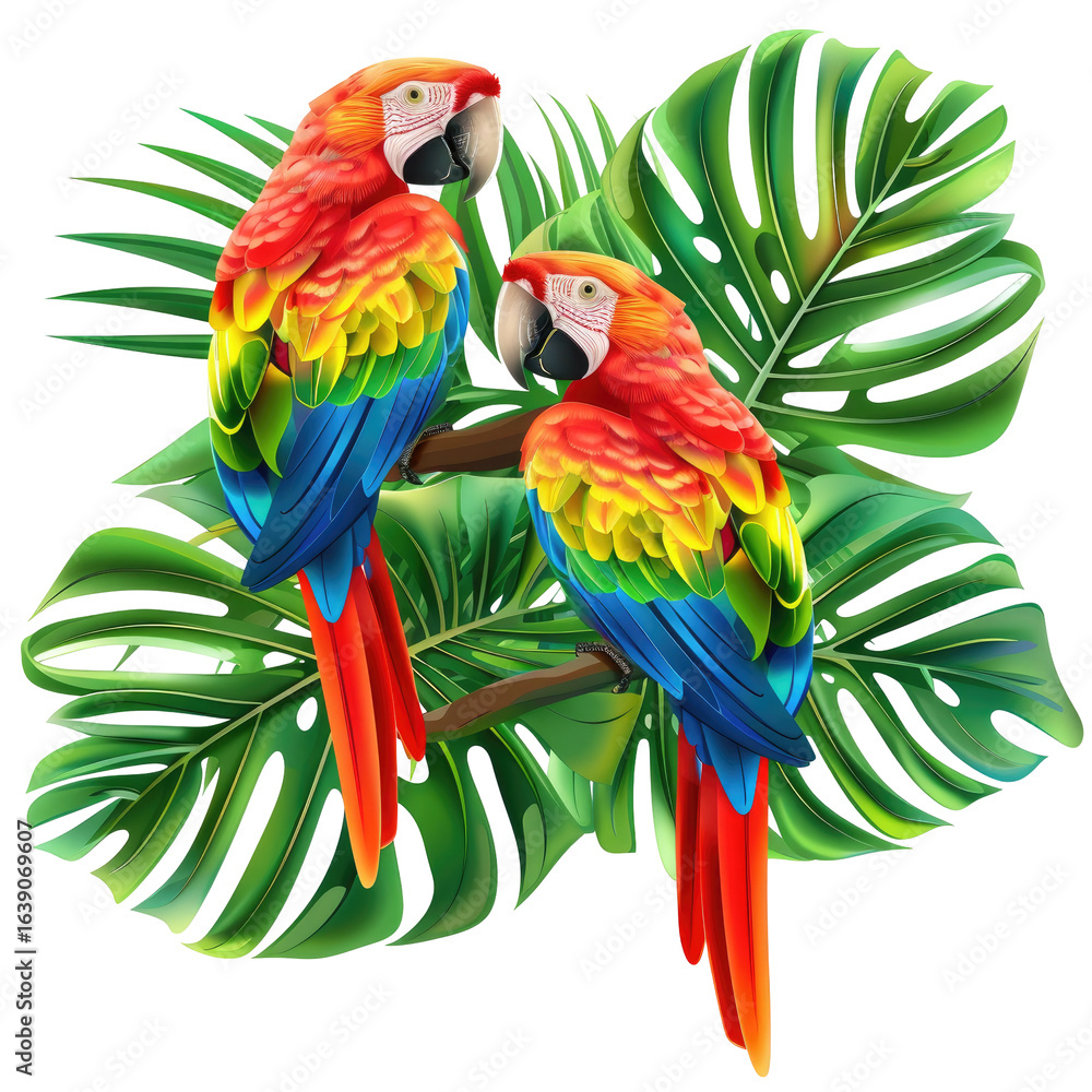 Obraz premium Two scarlet macaws perched on branch, tropical leaves, nature background, wildlife illustration, greeting card