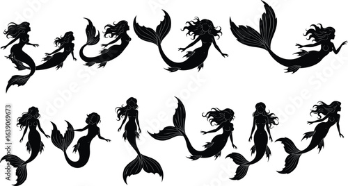 Mermaid silhouette collection, fantasy sea creatures, swimming mermaids, mystical ocean art, underwater design elements, black mermaid clipart, vector illustration