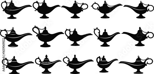 Silhouettes of Aladdin lamps, magical oil lamps, vintage spout designs, ornate handles, mythical objects, black vector icons, genie lamp collection