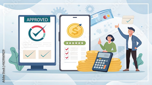 Loan Approval and Financial Success with Online Banking Investment and Happy People Vector Illustration