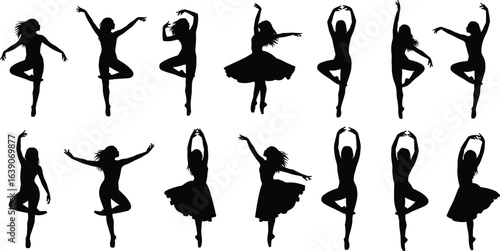Silhouettes of ballet dancers, elegant poses, graceful movement, black and white art, dance positions, artistic choreography, expressive motion, ballet concept