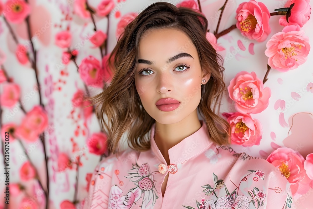 Fototapeta premium Serene Japanese Woman in Elegant Pink Kimono Portrait of Delicate Feminine Poise