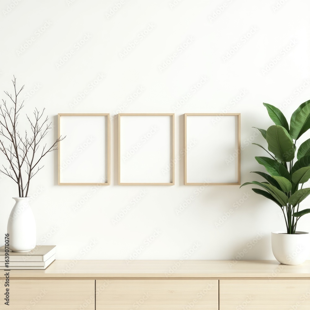 Fototapeta premium Frame mockup interior scene showcasing three frames on a wall above a cabinet with plants and books arranged decoratively
