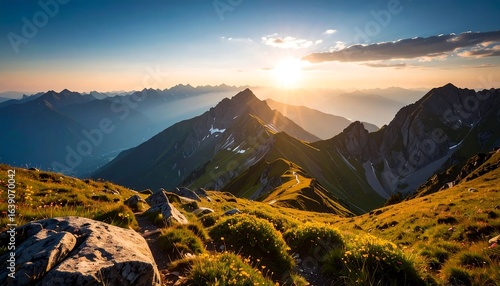 Majestic mountain vista at sunset.