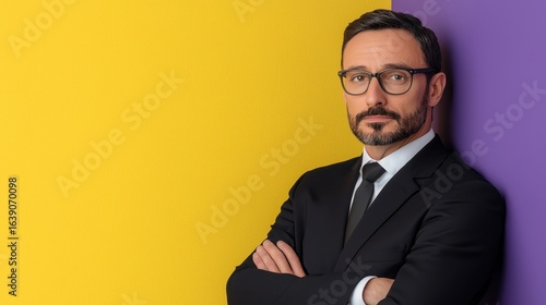 Confident Businessman Portrait Black Suit, Yellow Purple Background