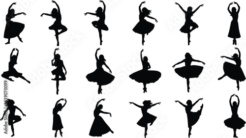 Silhouettes of dancers, ballet poses, elegant movement, flowing dresses, dance positions, graceful motion, artistic choreography, black and white art