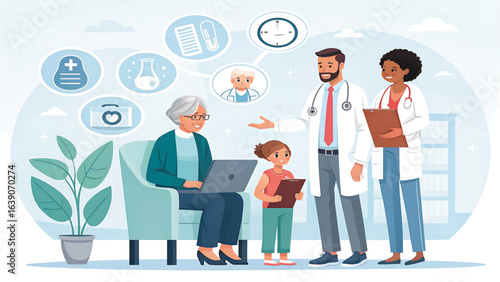 Modern Healthcare Consultation Diverse Team of Doctors Meeting with Patient Family Discussing Medical Treatment and Online Health Services