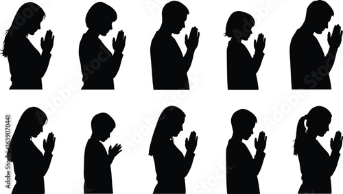 Silhouettes of people, praying posture, spiritual gesture, side profile figures, clasped hands, meditation pose, religious icons, black vector illustration