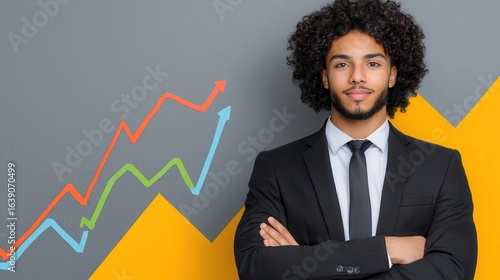 Confident Businessman Posing Against Upward Trending Graphs