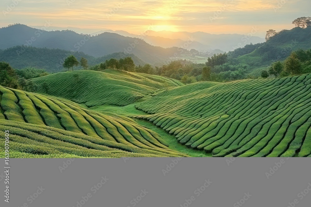 Obraz premium Sun rising over lush green rolling fields with neatly lined rows of tea plants and distant forested hills under a calm sky